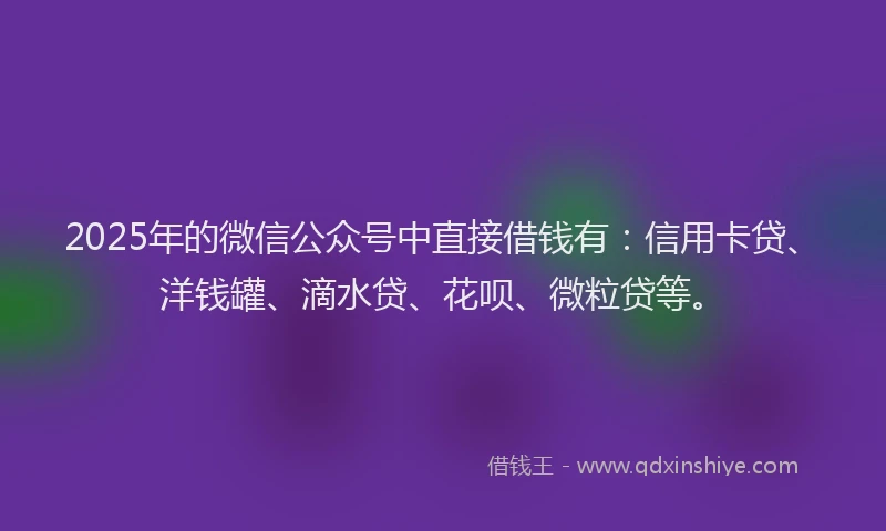 2025年的微信公众号中直接借钱有：信用卡贷、洋钱罐、滴水贷、花呗、微粒贷等。