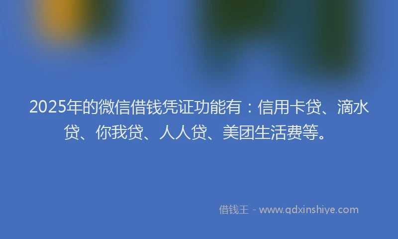 2025年的微信借钱凭证功能有：信用卡贷、滴水贷、你我贷、人人贷、美团生活费等。