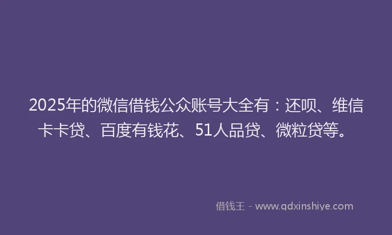 2025年的微信借钱公众账号大全有：还呗、维信卡卡贷、百度有钱花、51人品贷、微粒贷等。