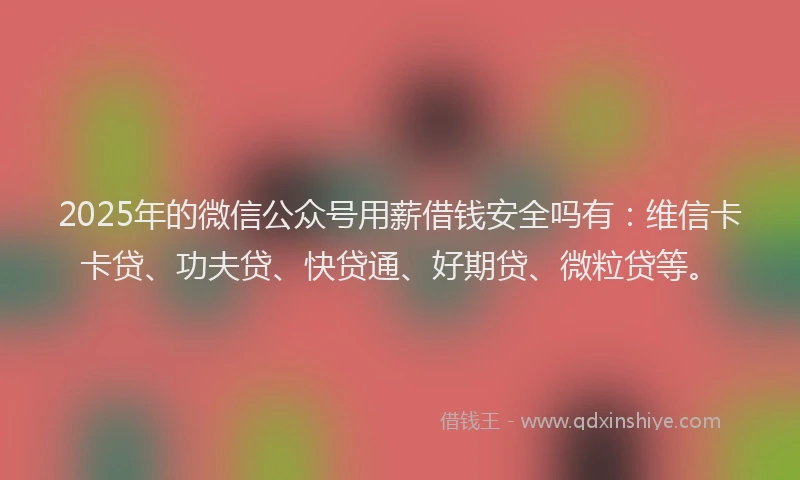2025年的微信公众号用薪借钱安全吗有：维信卡卡贷、功夫贷、快贷通、好期贷、微粒贷等。