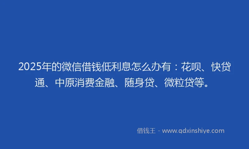 2025年的微信借钱低利息怎么办有：花呗、快贷通、中原消费金融、随身贷、微粒贷等。