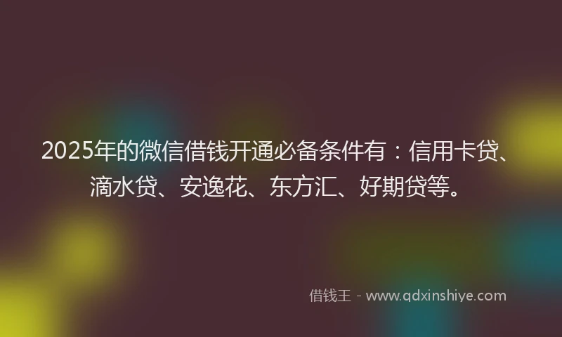 2025年的微信借钱开通必备条件有：信用卡贷、滴水贷、安逸花、东方汇、好期贷等。