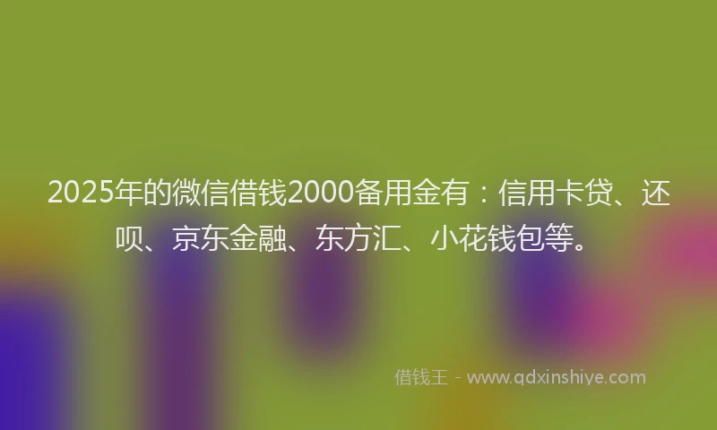2025年的微信借钱2000备用金有：信用卡贷、还呗、京东金融、东方汇、小花钱包等。