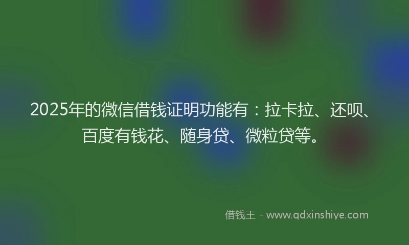 2025年的微信借钱证明功能有：拉卡拉、还呗、百度有钱花、随身贷、微粒贷等。