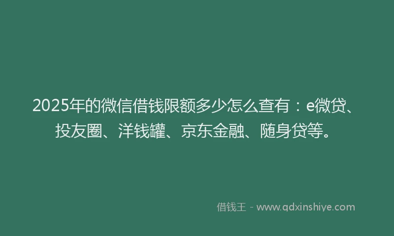 2025年的微信借钱限额多少怎么查有：e微贷、投友圈、洋钱罐、京东金融、随身贷等。