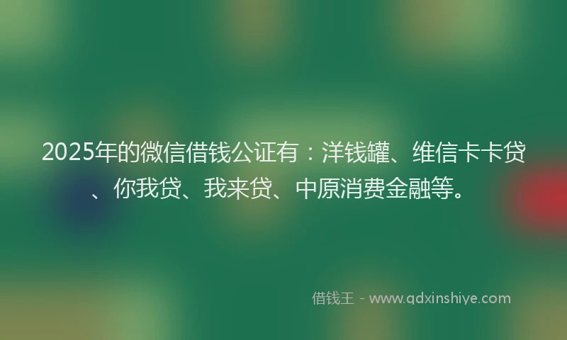 2025年的微信借钱公证有：洋钱罐、维信卡卡贷、你我贷、我来贷、中原消费金融等。