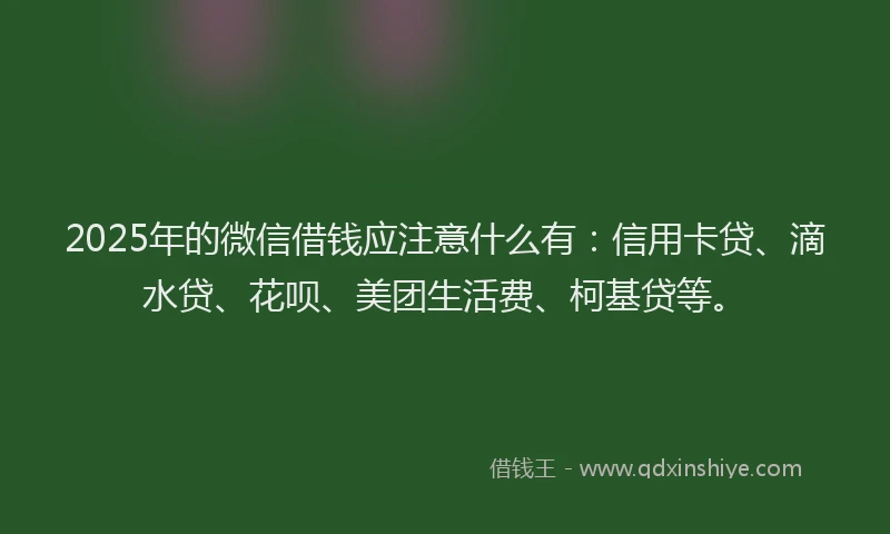 2025年的微信借钱应注意什么有：信用卡贷、滴水贷、花呗、美团生活费、柯基贷等。