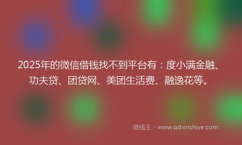 2025年的微信借钱找不到平台有：度小满金融、功夫贷、团贷网、美团生活费、融逸花等。