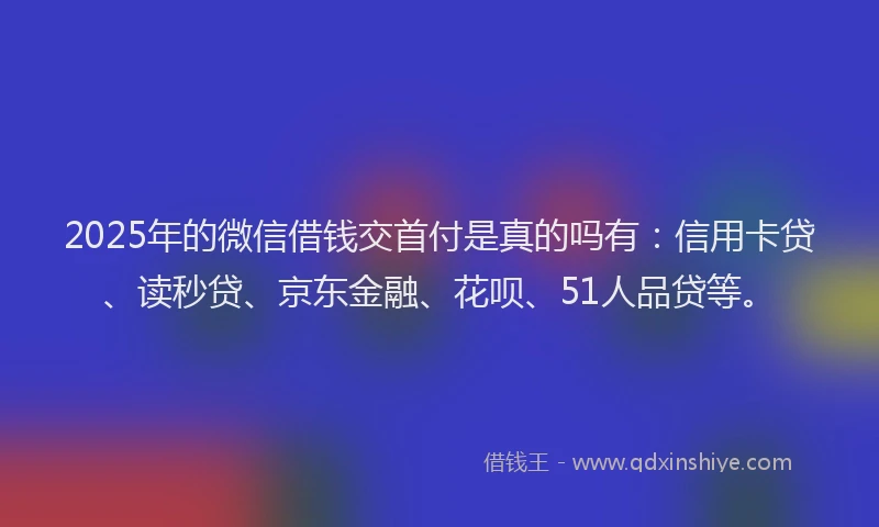 2025年的微信借钱交首付是真的吗有：信用卡贷、读秒贷、京东金融、花呗、51人品贷等。