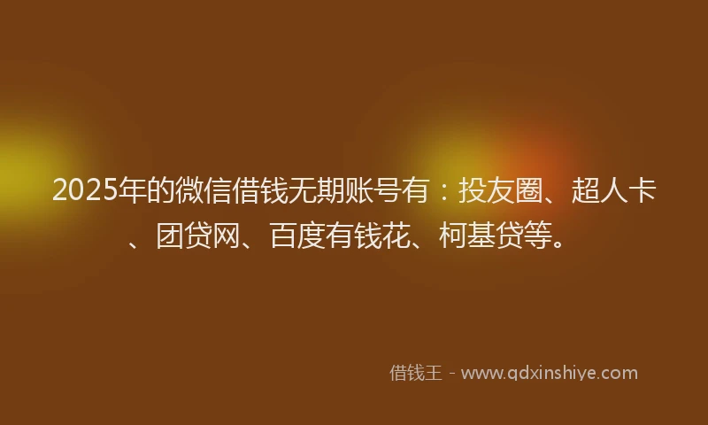 2025年的微信借钱无期账号有：投友圈、超人卡、团贷网、百度有钱花、柯基贷等。