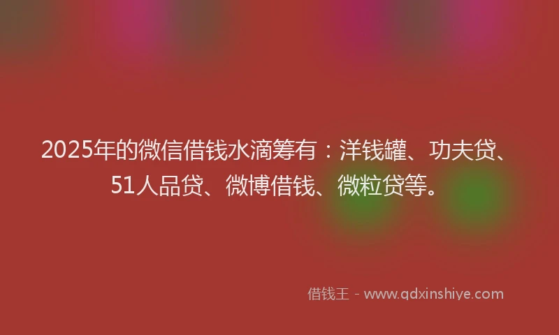 2025年的微信借钱水滴筹有：洋钱罐、功夫贷、51人品贷、微博借钱、微粒贷等。