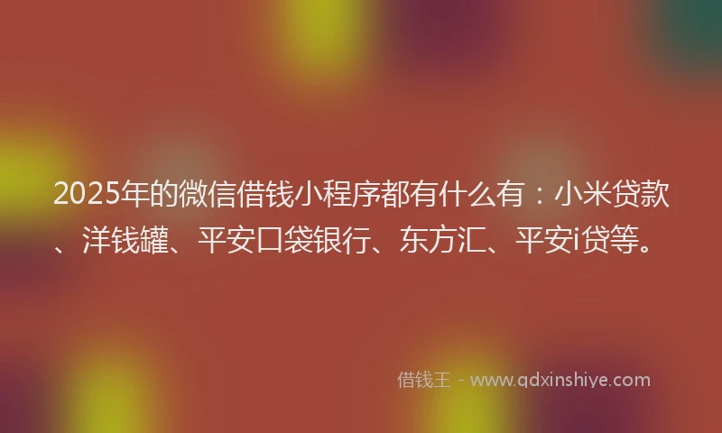 2025年的微信借钱小程序都有什么有：小米贷款、洋钱罐、平安口袋银行、东方汇、平安i贷等。