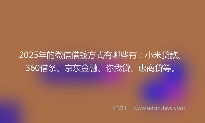 2025年的微信借钱方式有哪些有：小米贷款、360借条、京东金融、你我贷、惠商贷等。