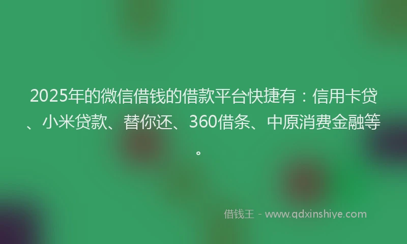 2025年的微信借钱的借款平台快捷有：信用卡贷、小米贷款、替你还、360借条、中原消费金融等。