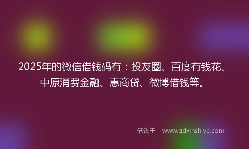 2025年的微信借钱码有：投友圈、百度有钱花、中原消费金融、惠商贷、微博借钱等。