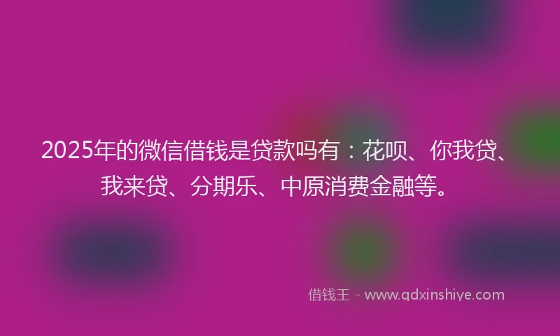 2025年的微信借钱是贷款吗有：花呗、你我贷、我来贷、分期乐、中原消费金融等。