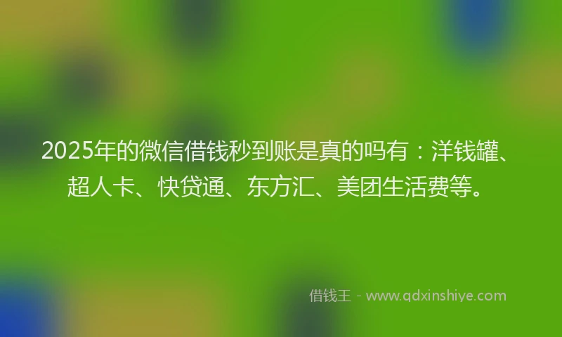 2025年的微信借钱秒到账是真的吗有：洋钱罐、超人卡、快贷通、东方汇、美团生活费等。