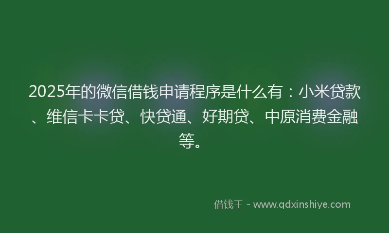 2025年的微信借钱申请程序是什么有：小米贷款、维信卡卡贷、快贷通、好期贷、中原消费金融等。