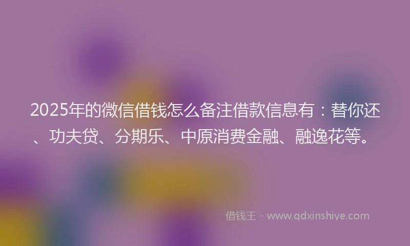 2025年的微信借钱怎么备注借款信息有：替你还、功夫贷、分期乐、中原消费金融、融逸花等。