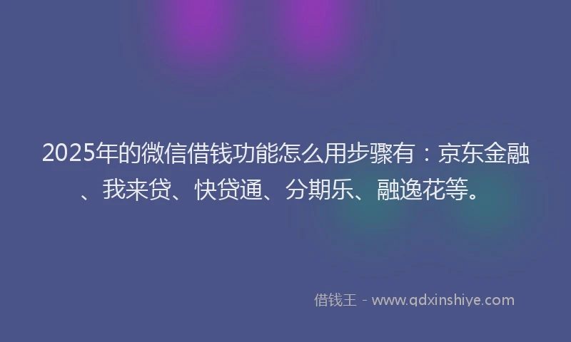 2025年的微信借钱功能怎么用步骤有：京东金融、我来贷、快贷通、分期乐、融逸花等。