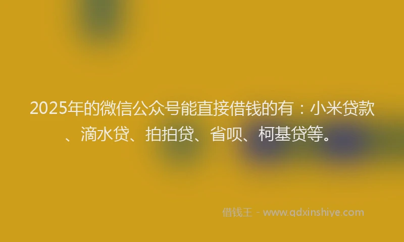 2025年的微信公众号能直接借钱的有：小米贷款、滴水贷、拍拍贷、省呗、柯基贷等。