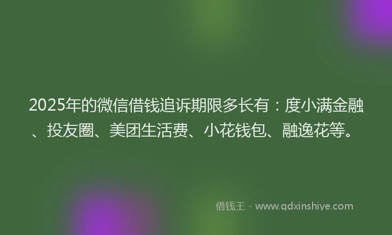 2025年的微信借钱追诉期限多长有：度小满金融、投友圈、美团生活费、小花钱包、融逸花等。