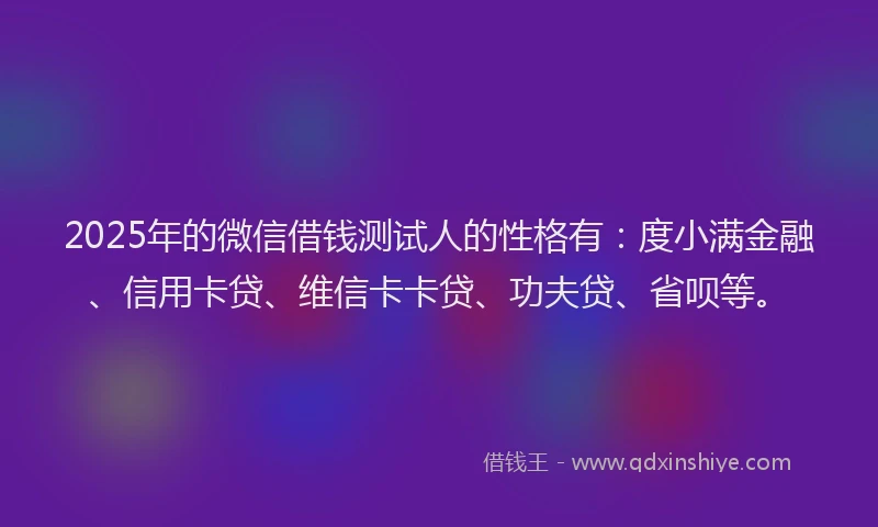 2025年的微信借钱测试人的性格有：度小满金融、信用卡贷、维信卡卡贷、功夫贷、省呗等。