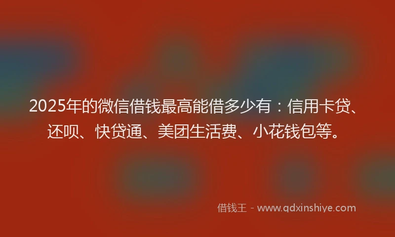 2025年的微信借钱最高能借多少有：信用卡贷、还呗、快贷通、美团生活费、小花钱包等。