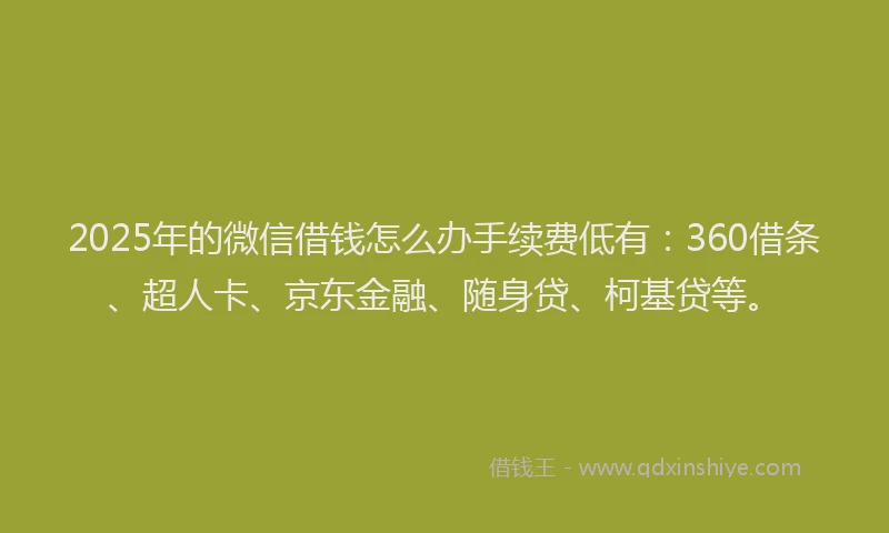2025年的微信借钱怎么办手续费低有：360借条、超人卡、京东金融、随身贷、柯基贷等。