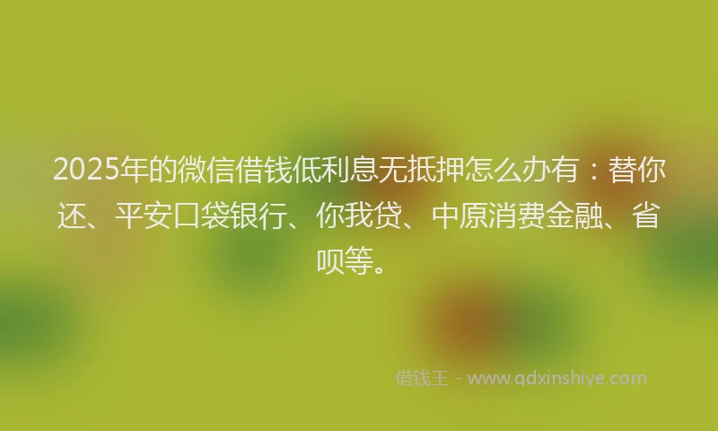 2025年的微信借钱低利息无抵押怎么办有：替你还、平安口袋银行、你我贷、中原消费金融、省呗等。