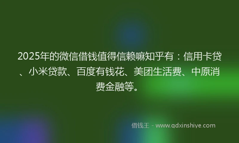2025年的微信借钱值得信赖嘛知乎有：信用卡贷、小米贷款、百度有钱花、美团生活费、中原消费金融等。