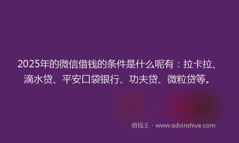 2025年的微信借钱的条件是什么呢有：拉卡拉、滴水贷、平安口袋银行、功夫贷、微粒贷等。