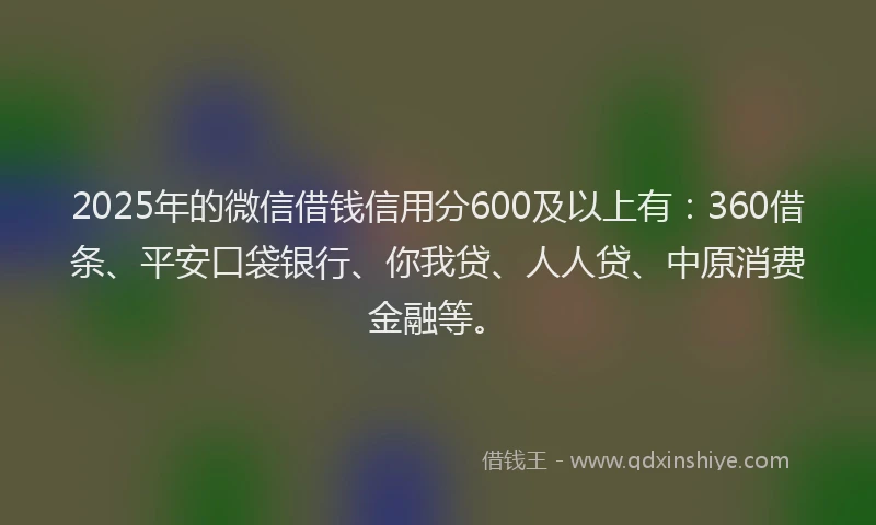 2025年的微信借钱信用分600及以上有：360借条、平安口袋银行、你我贷、人人贷、中原消费金融等。