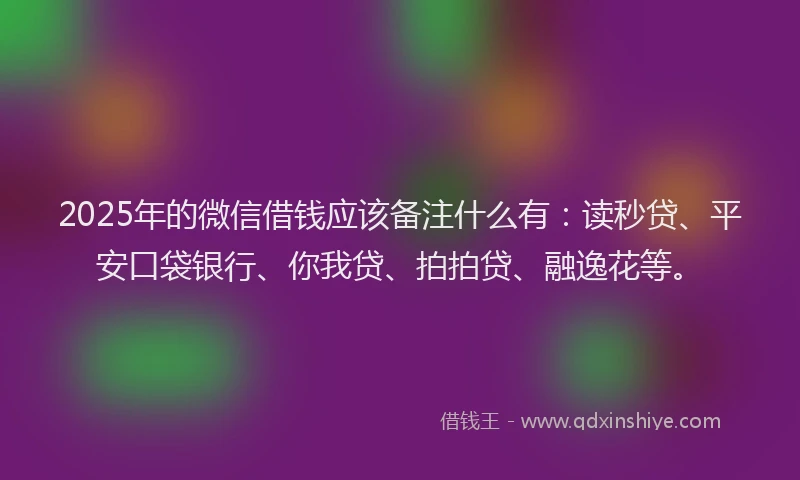 2025年的微信借钱应该备注什么有：读秒贷、平安口袋银行、你我贷、拍拍贷、融逸花等。