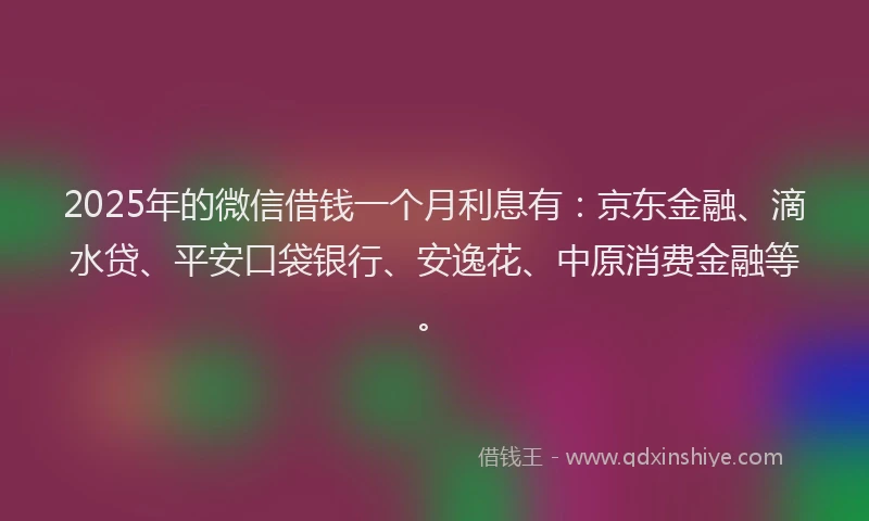2025年的微信借钱一个月利息有：京东金融、滴水贷、平安口袋银行、安逸花、中原消费金融等。
