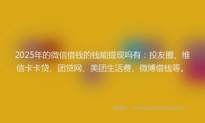 2025年的微信借钱的钱能提现吗有：投友圈、维信卡卡贷、团贷网、美团生活费、微博借钱等。