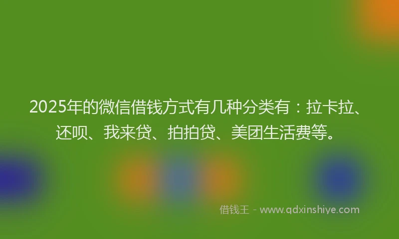 2025年的微信借钱方式有几种分类有：拉卡拉、还呗、我来贷、拍拍贷、美团生活费等。