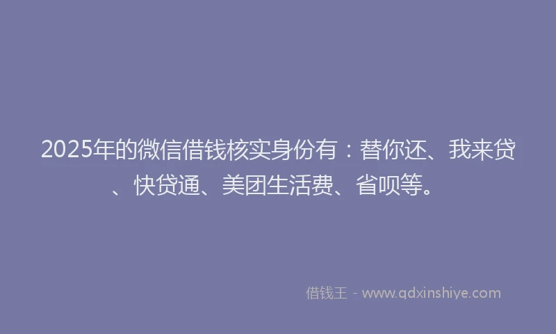2025年的微信借钱核实身份有：替你还、我来贷、快贷通、美团生活费、省呗等。
