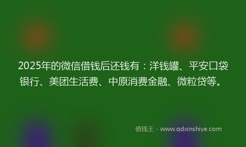 2025年的微信借钱后还钱有：洋钱罐、平安口袋银行、美团生活费、中原消费金融、微粒贷等。