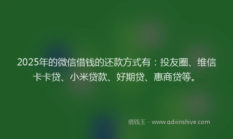 2025年的微信借钱的还款方式有：投友圈、维信卡卡贷、小米贷款、好期贷、惠商贷等。