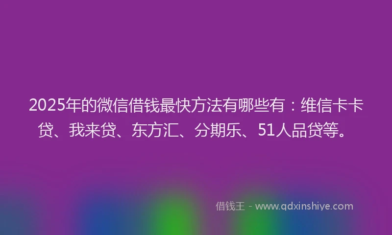 2025年的微信借钱最快方法有哪些有：维信卡卡贷、我来贷、东方汇、分期乐、51人品贷等。