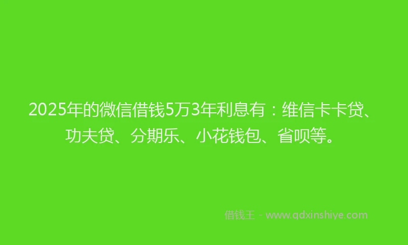 2025年的微信借钱5万3年利息有：维信卡卡贷、功夫贷、分期乐、小花钱包、省呗等。