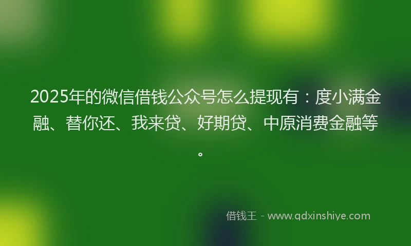 2025年的微信借钱公众号怎么提现有：度小满金融、替你还、我来贷、好期贷、中原消费金融等。