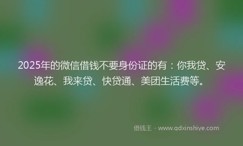 2025年的微信借钱不要身份证的有：你我贷、安逸花、我来贷、快贷通、美团生活费等。