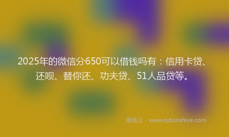 2025年的微信分650可以借钱吗有：信用卡贷、还呗、替你还、功夫贷、51人品贷等。