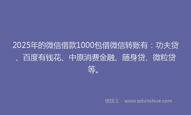2025年的微信借款1000包借微信转账有：功夫贷、百度有钱花、中原消费金融、随身贷、微粒贷等。