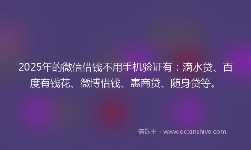 2025年的微信借钱不用手机验证有：滴水贷、百度有钱花、微博借钱、惠商贷、随身贷等。