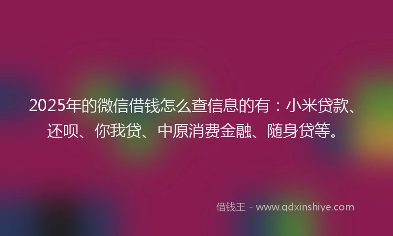 2025年的微信借钱怎么查信息的有：小米贷款、还呗、你我贷、中原消费金融、随身贷等。