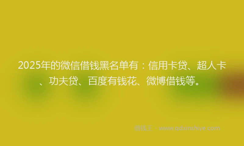 2025年的微信借钱黑名单有：信用卡贷、超人卡、功夫贷、百度有钱花、微博借钱等。