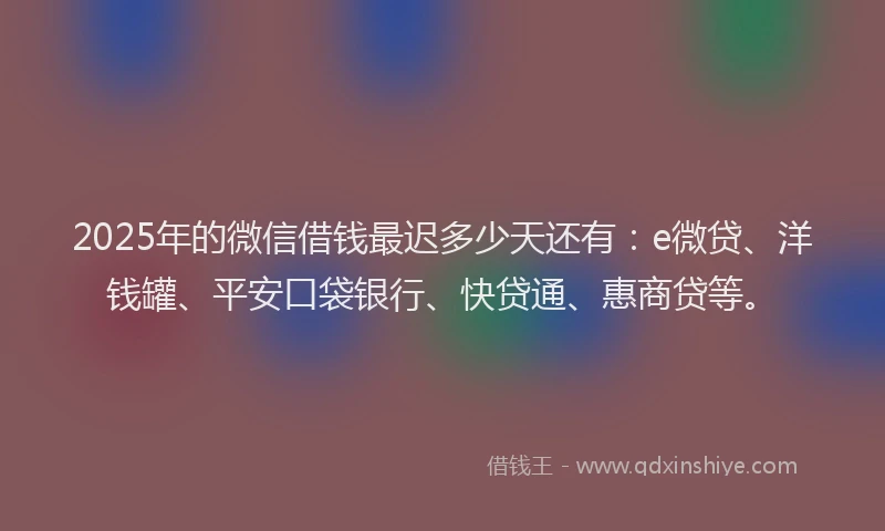 2025年的微信借钱最迟多少天还有：e微贷、洋钱罐、平安口袋银行、快贷通、惠商贷等。
